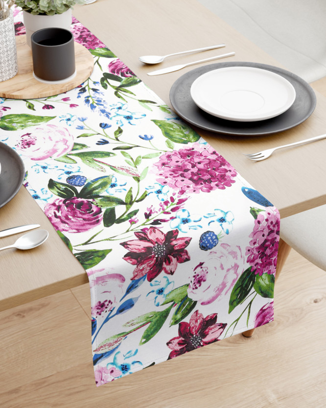 Behúň na stôl 100% bavlnené plátno - motív fialových hortenzií