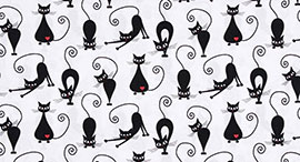 bavlněné plátno Simona - vzor černé kočky na bílém