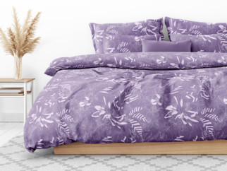 Saténové posteľné obliečky Deluxe - vzor 1053 biele rastliny na fialovom