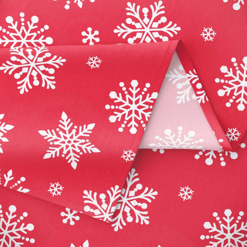 Vianočný hranatý obrus 100% bavlnené plátno - vločky na žiarivo červenom