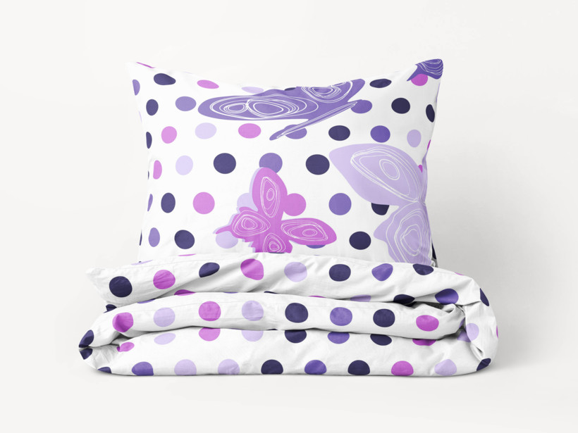 Bavlnené posteľné obliečky - fialove motýle s bodkami