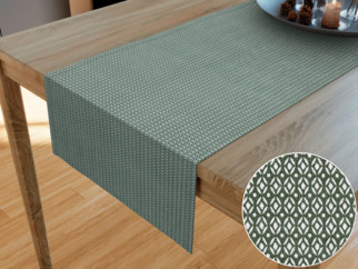 Bavlnený behúň na stôl - vzor geometrické tvary na tmavo zelenom