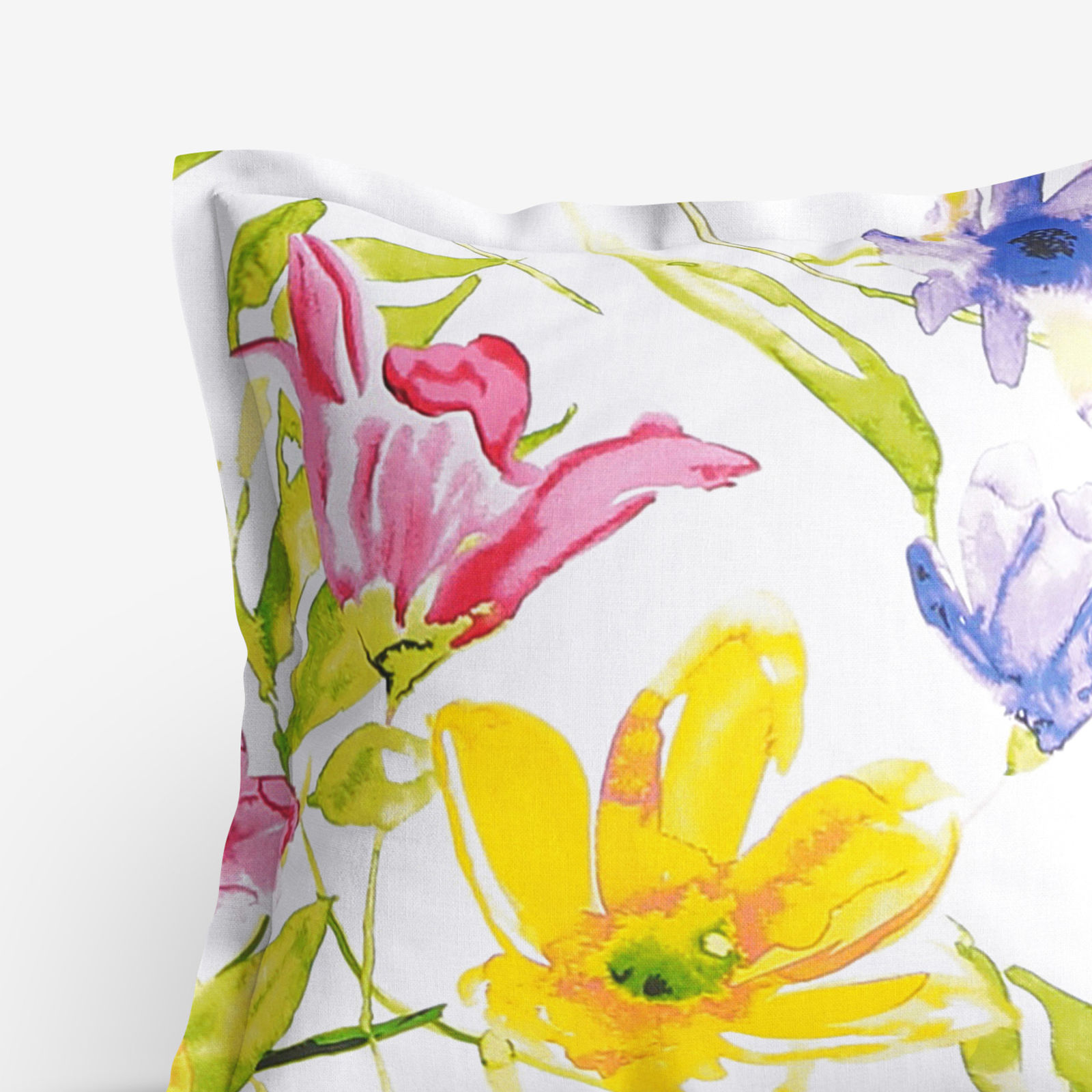 Bavlnená obliečka na vankúš s ozdobným lemom - akvarelové kvety