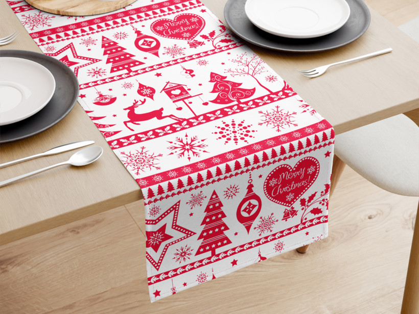 Vianočný behúň na stôl 100% bavlnené plátno - červené vianočné symboly na bielom