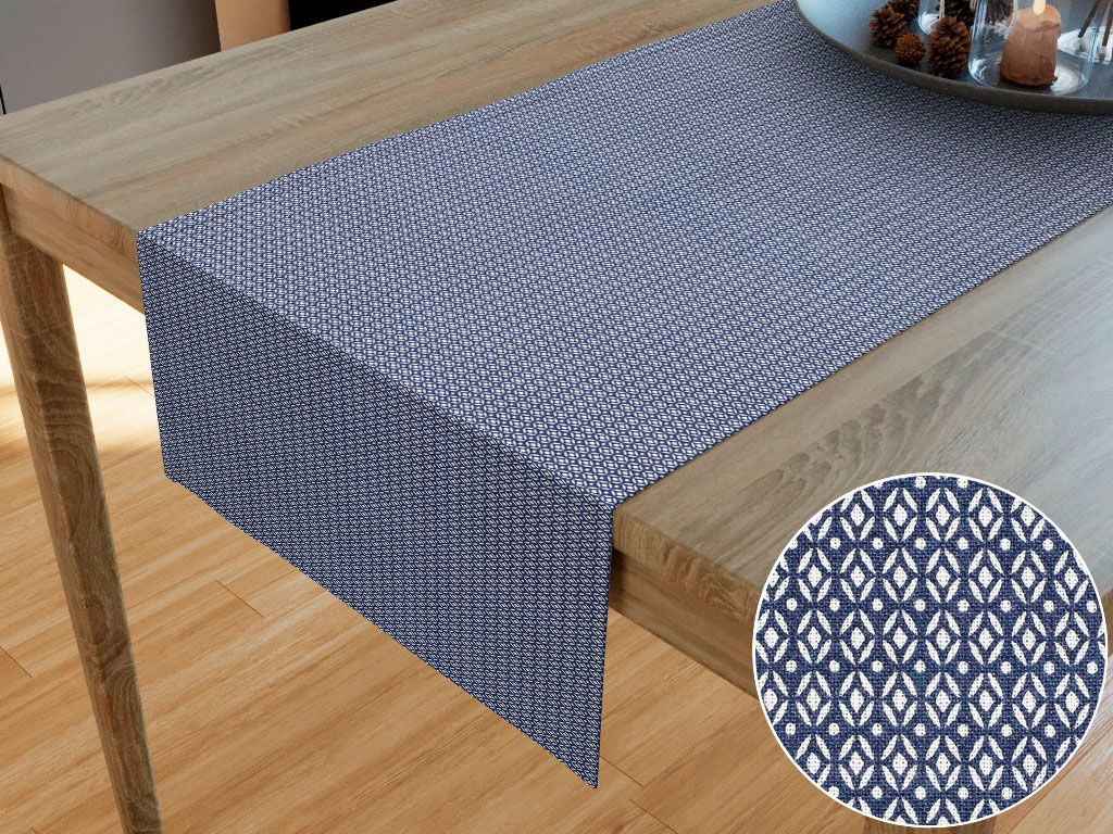 Behúň na stôl 100% bavlnené plátno - geometrické tvary na tmavo modrom