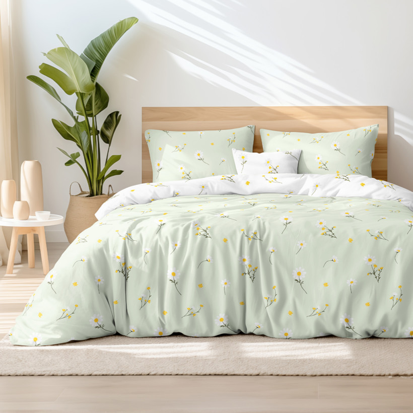 Bavlnené posteľné obliečky - harmanček so svetlo zelenou