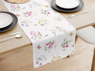 Bavlnený behúň na stôl - vzor farebné lúčne kvety na bielom