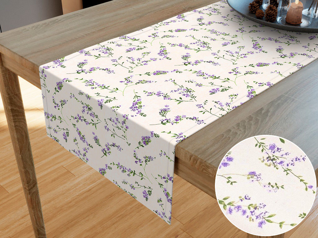 Behúň na stôl 100% bavlnené plátno - levandule na krémovom
