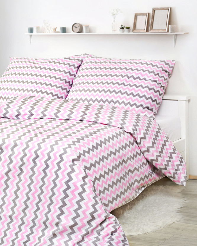 Bavlnené posteľné obliečky - ružové a sivé cik-cak prúžky