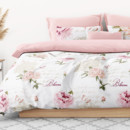 Bavlnené posteľné obliečky Duo - pivonky s textami s púdrovo ružovou