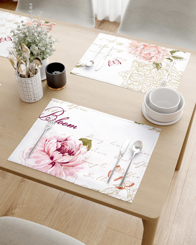 Prestieranie na stôl 100% bavlnené plátno - pivonky s textami - sada 2ks