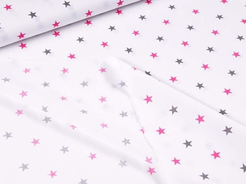 Bavlnené plátno - sivé a ružové hviezdičky na bielom
