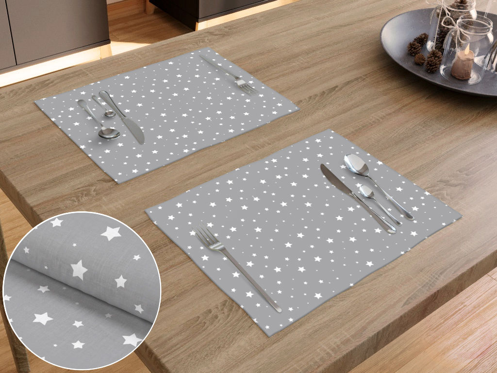Prestieranie na stôl 100% bavlnené plátno - drobné biele hviezdičky na sivom - sada 2ks