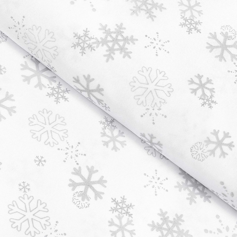 Vianočná teflónová látka na obrusy - strieborné vločky na bielom