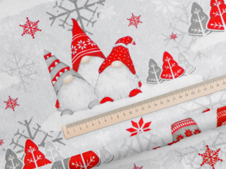Bavlnené plátno SIMONA - vianočný vzor škriatkovia na svetle sivom - metráž š. 150cm
