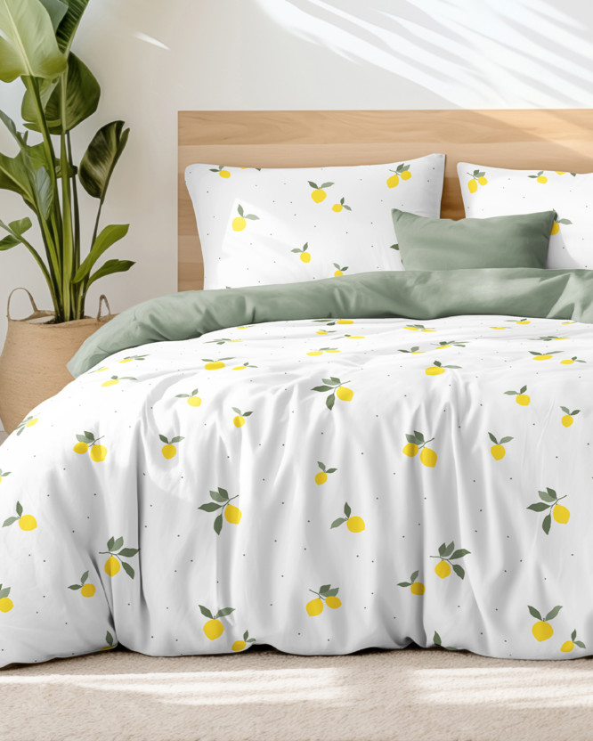 Bavlnené posteľné obliečky Duo - citróny s šalvejovo zelenou