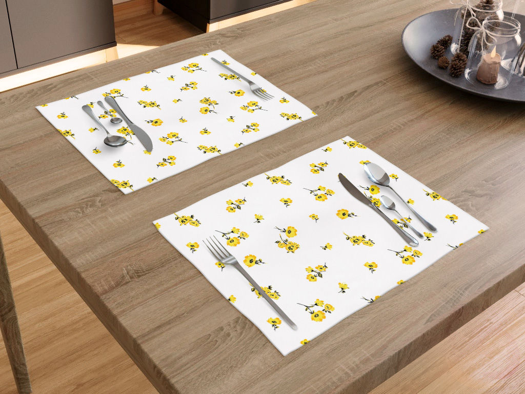 Prestieranie na stôl 100% bavlnené plátno - žlté kvety na bielom - sada 2ks