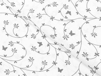 Bavlnené plátno SIMONA - vzor 777 sivé kvietky a motýle na bielom - metráž š. 145 cm