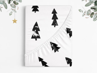 Vianočná bavlnená napínacia plachta - čierne stromčeky na bielom