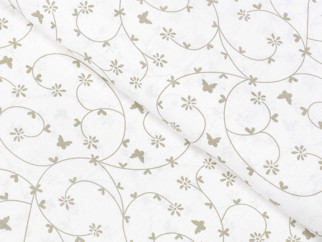 Bavlnené plátno SIMONA - vzor 774 zlatisto béžové kvietky a motýle na bielom - metráž š. 145 cm