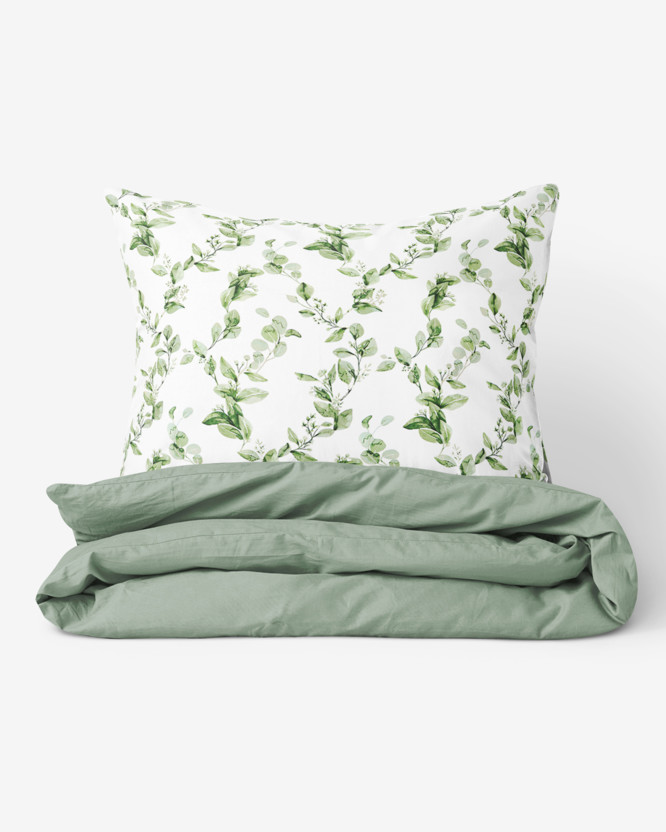 Bavlnené posteľné obliečky Duo - eukalyptové lístky s šalvejovo zelenou