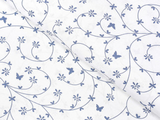 Bavlnené plátno Simona - modrosivé kvietky a motýle na bielom - metráž š. 145 cm