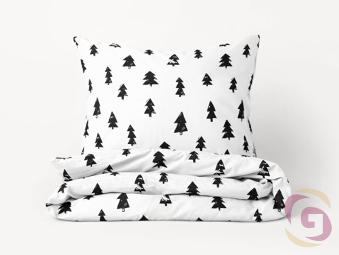 Vianočné bavlnené posteľné obliečky - čierne stromčeky na bielom
