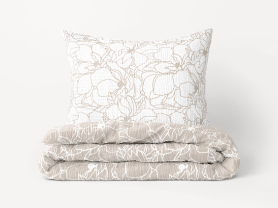 Krepové posteľné obliečky - vzor 1007 biele kvety na svetle béžovom