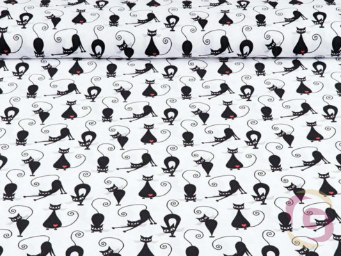 Bavlnené plátno SIMONA - vzor čierne mačky na bielom