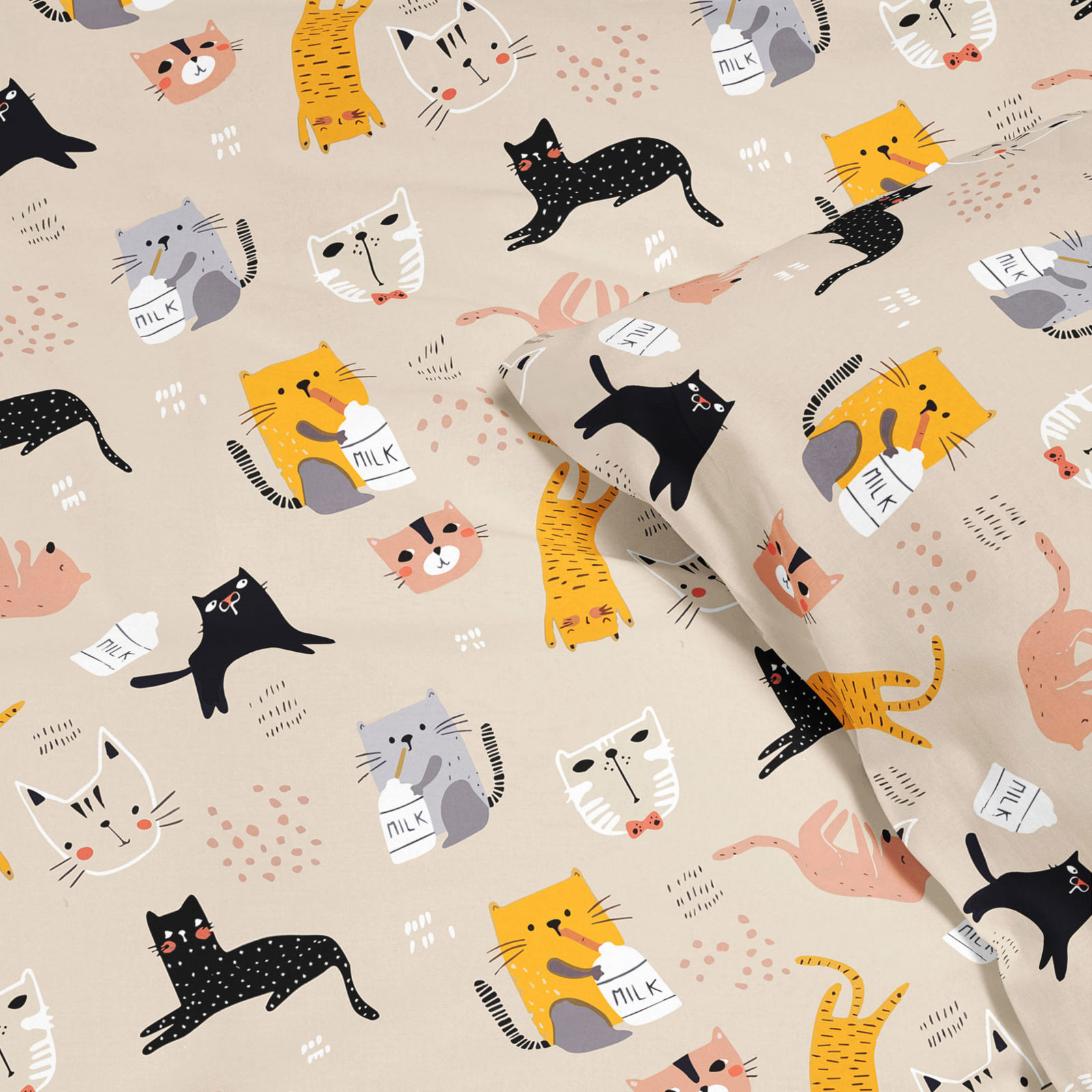 Detské bavlnené obliečky - veselé mačky na béžovom