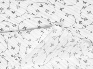 Bavlnený krep - vzor 777 sivé kvietky a motýle na bielom - metráž š. 145cm