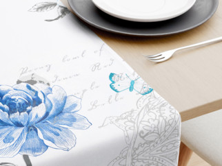 Bavlnený behúň na stôl - vzor modré pivonky s textami