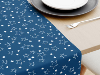 Vianočný bavlnený behúň na stôl - vzor biele hviezdičky na modrom