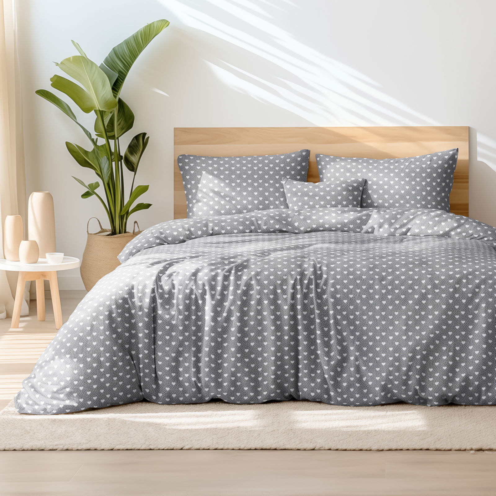 Bavlnené posteľné obliečky - srdiečka na sivom