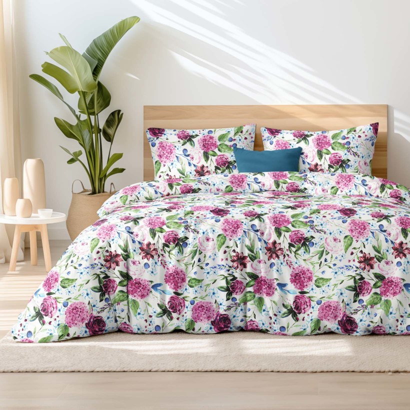 Bavlnené posteľné obliečky - motív fialových hortenzií