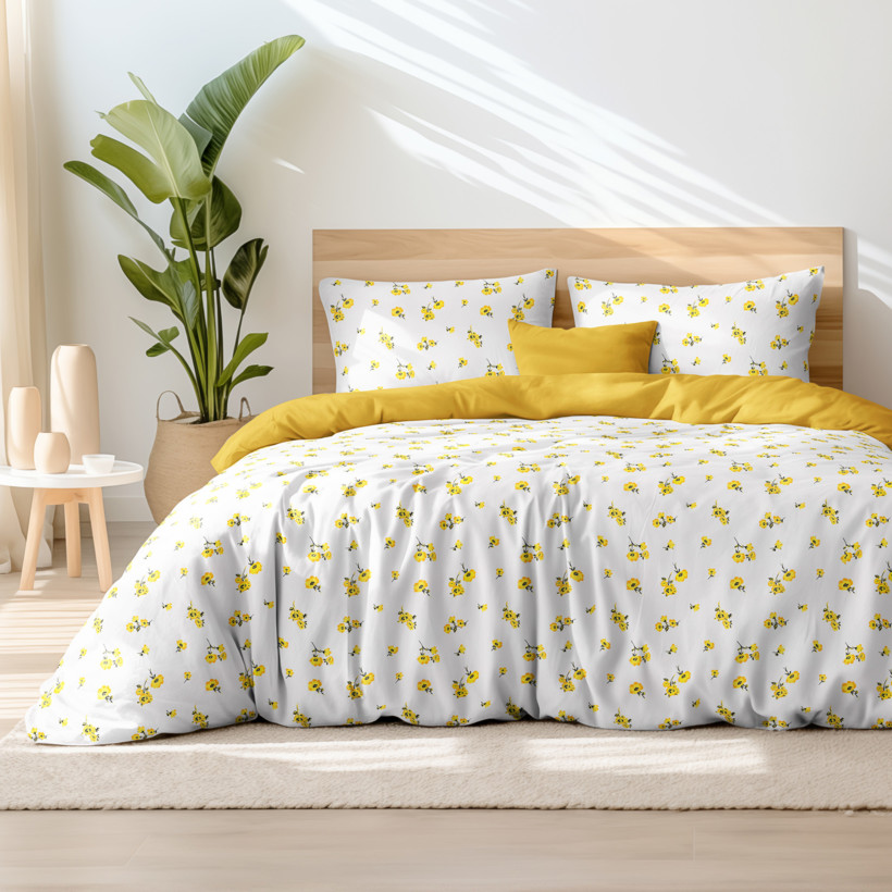 Bavlnené posteľné obliečky Duo - žlté kvety s medovo žltou