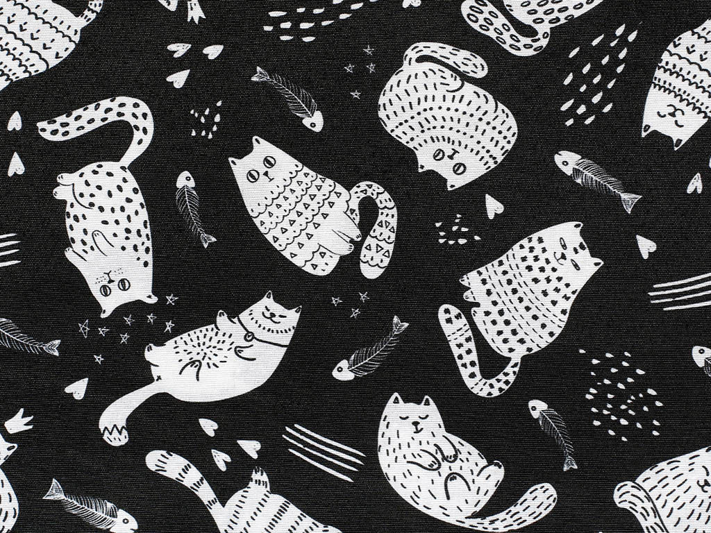 Dekoračná látka Loneta - katter max mačky na čiernom