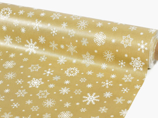 PVC obrusovina s textilným podkladom - vianočný vzor snehových vločiek na zlatom - metráž š. 140 cm