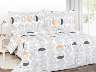 Krepové posteľné obliečky - vzor 981 sivo-oranžové pruhované kruhy na bielom