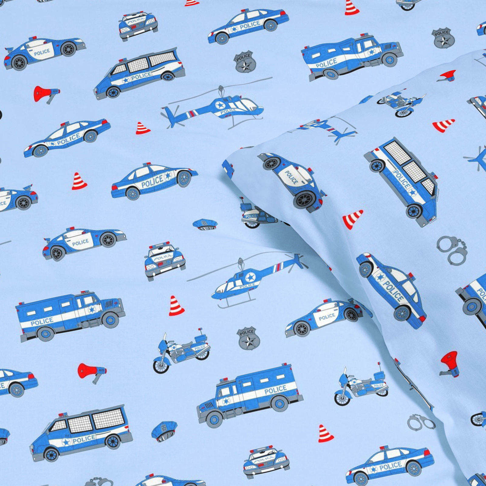 Detské bavlnené obliečky - policajné autá na svetlo modrom