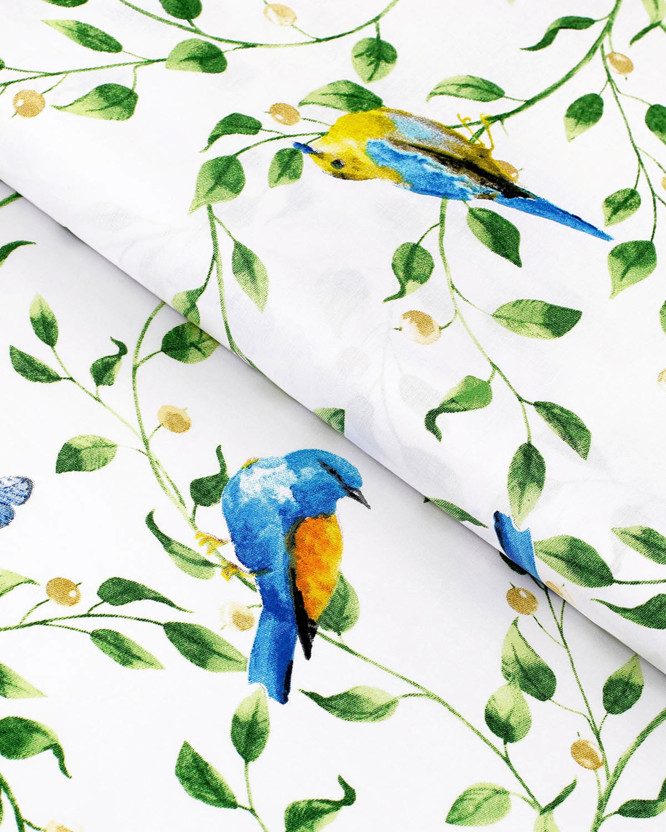 Bavlnené plátno - farebné vtáčiky v záhrade