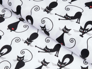 Bavlnené plátno Simona - čierne mačky na bielom - metráž š. 145 cm