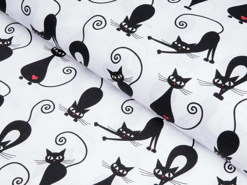 Bavlnené plátno - čierne mačky na bielom