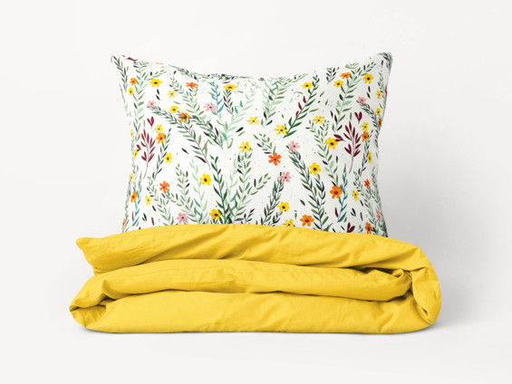Bavlnené posteľné obliečky Duo - maľované kvety s lístkami so žltou