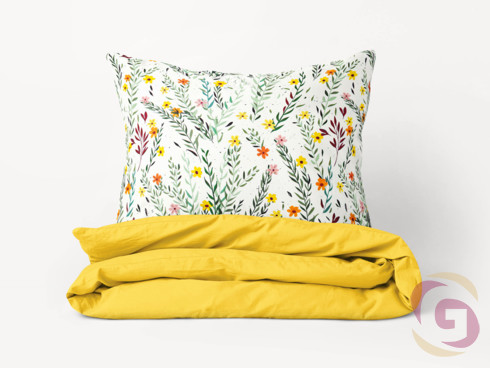 Bavlnené posteľné obliečky Duo - maľované kvety s lístkami so žltou