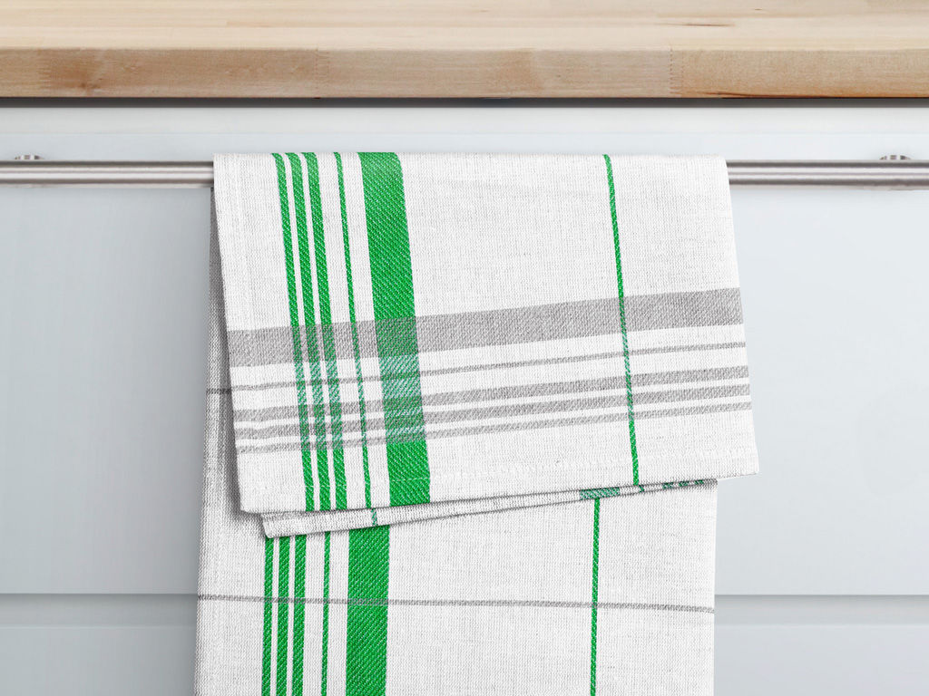 Kuchynská bavlnená utierka pestro tkaná - zeleno-sivé prúžky na bielom