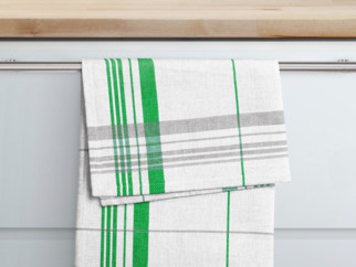 Kuchynská bavlnená utierka pestro tkaná - zeleno-sivé prúžky na bielom