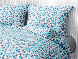 Bavlnené posteľné obliečky - vzor 971 tyrkysové a sivé trojuholníky