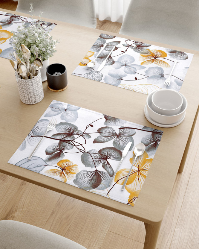 Prestieranie na stôl 100% bavlnené plátno - sivo-hnedé kvety s listami - sada 2ks