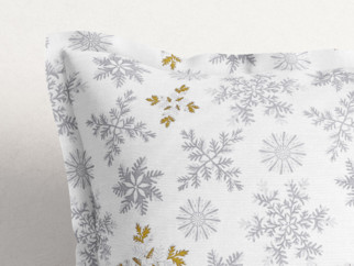 Vianočná bavlnená obliečka na vankúš s ozdobným lemom - sivé vločky so zlatými trblietkami